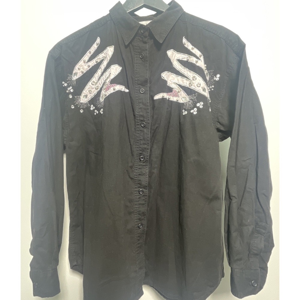 Gitano Sz S Vintage Black‎ Long Sleeve Collared Beaded Embroidered Sequined 80's